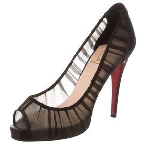 Christian Louboutin Black Pleated Mesh Peep Toe Platform Pumps Heels Size 39